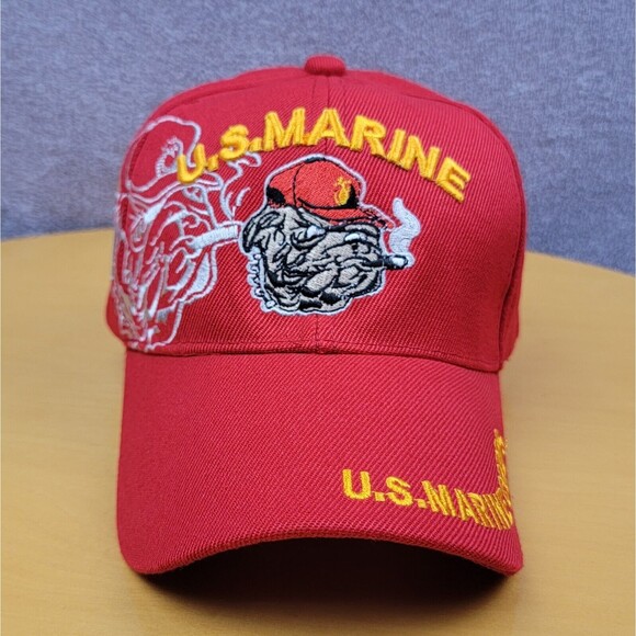 USMC Cigar Smoking Bulldog & Shadow Trucker Hat Red US Marine Corps Adjustable - Picture 3 of 16